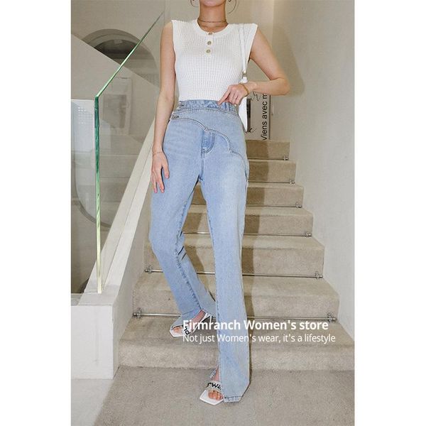 

women's jeans firmranch high waist light blue boot-cut for women pure cotton loose slit floors lenght streetwear bootleg denim pants
