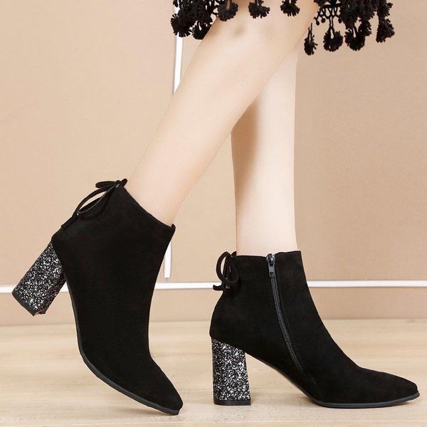 

boots high heels ankle pointed toe dress shoes women gold heeled booties 2021 winter woman black flock botas mujer red 8450c