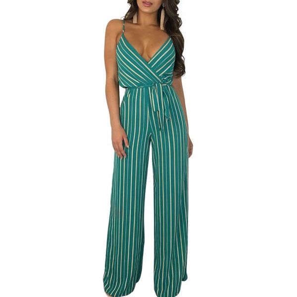 

women's jumpsuits & rompers zmvkgsoa women jumpsuit green white striped deep v neck long wide leg sleeveless casual clubwear plus size, Black;white