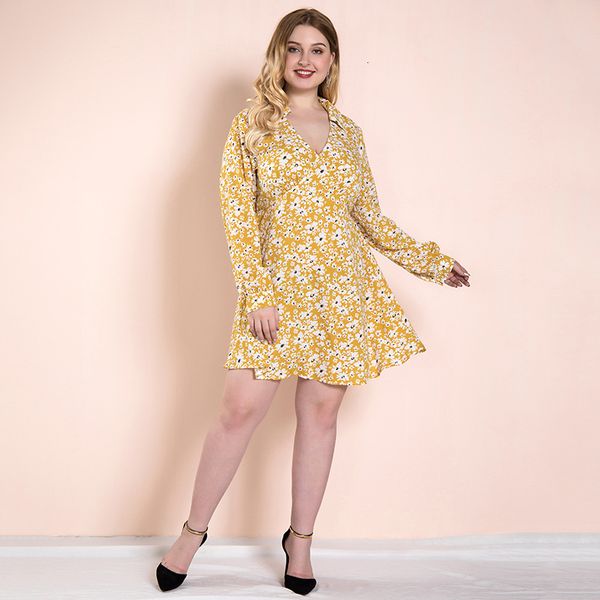 

2021 new large size women yellow flora short mini es female office lady oversized chiffon elegant long sleeves spring costumes 1871, Black;gray