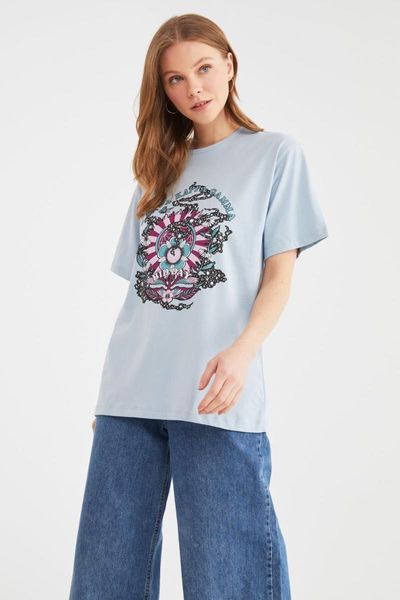 

women's t-shirt trendyol printed boyfriend knitted twoss21ts3179, White