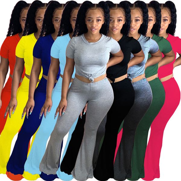 

2021 new fashion solid color cute two piece sets summer women slim tracksuit round neck short sleeve flare pants selling suit, Gray