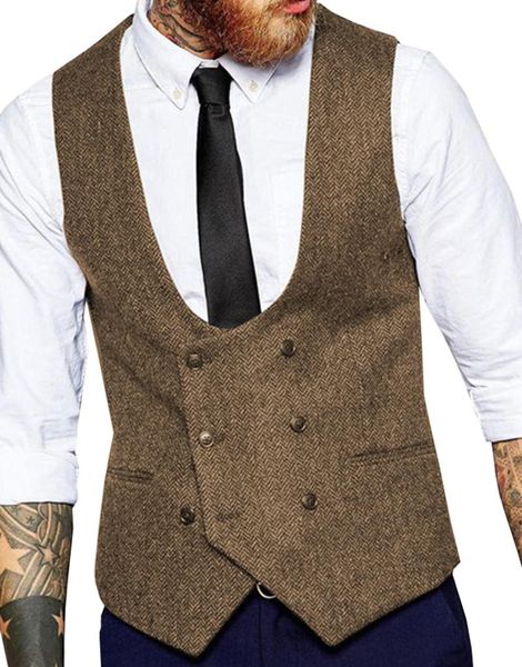 

men's vests mens slim business brown waistcoat champagne wool herringbone tweed suit custom made sleeveless jacket for wedding, Black;white