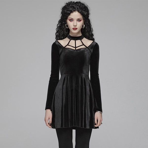 

casual dresses punk rave women gothic daily velvet dress fashion long sleeve steampunk retro evening party sexy, Black;gray