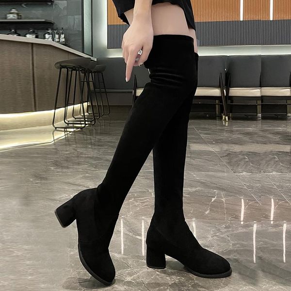 

boots 2021 autumn fashion pointed head long bowknot over-the-knee thick heel women's back lace-up short, Black