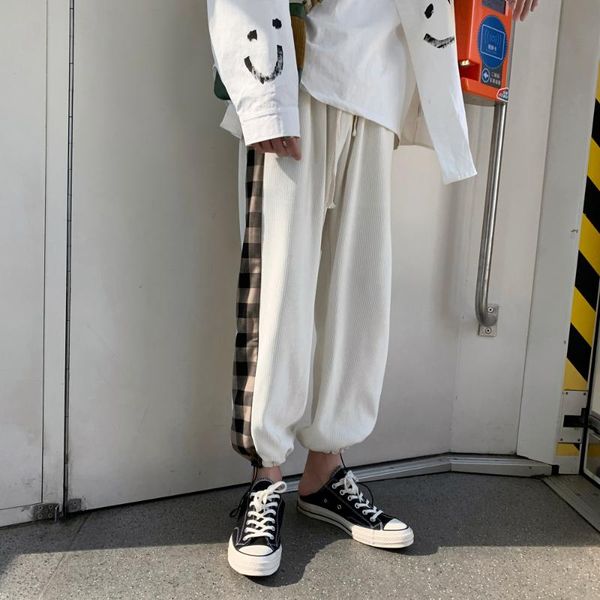 

men's pants 2021 plaid spliced male loose sports bound feet elastic waist haren casual trousers corduroy jogger men, Black