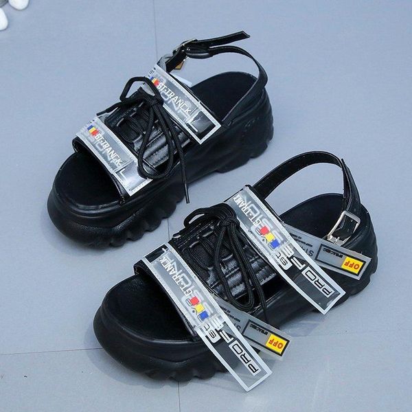 

casual 2021 summer chunky sandals women 8cm wedge high heels shoes female buckle platform leather summer slippers woman sandal, Black