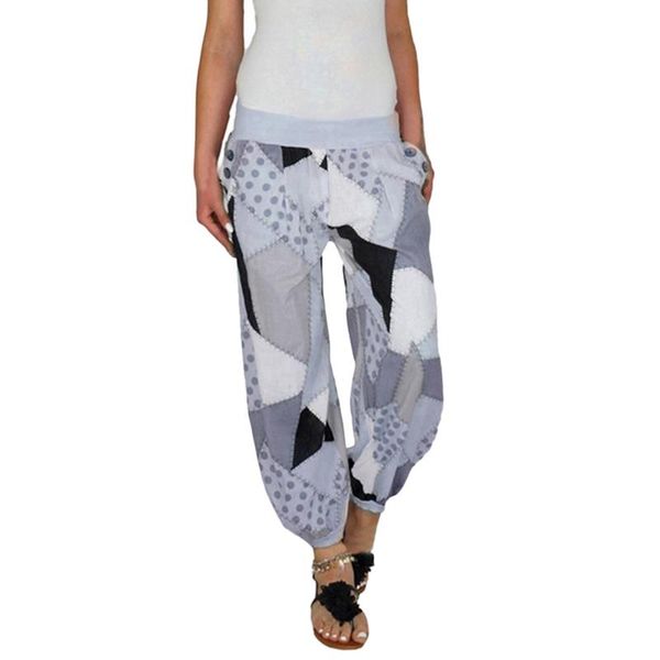 

women's pants & capris women casual print patchwork wide leg loose pocket button harem autumn fashion high waist boho elastic p, Black;white