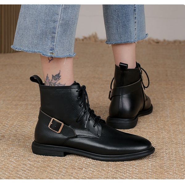 

concise cross tied shoes woman 2021 autumn winter genuine leather thick heels retro ankle boots ladies working basic warm boots, Black
