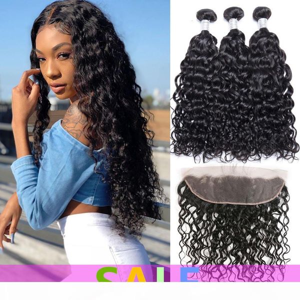 

brazilian virgin water wave 3 4 bundles with lace frontal closure 10a brazilian remy human hair weave pre plucked lace frontal with bundles, Black;brown