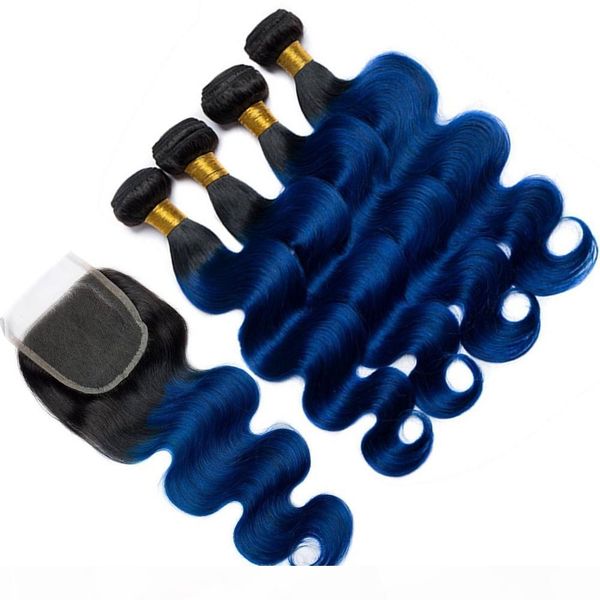 

dark blue ombre body wave brazilian human hair 4bundles with closure #1b blue wavy human hair weave wefts with 4x4 lace front closure, Black;brown