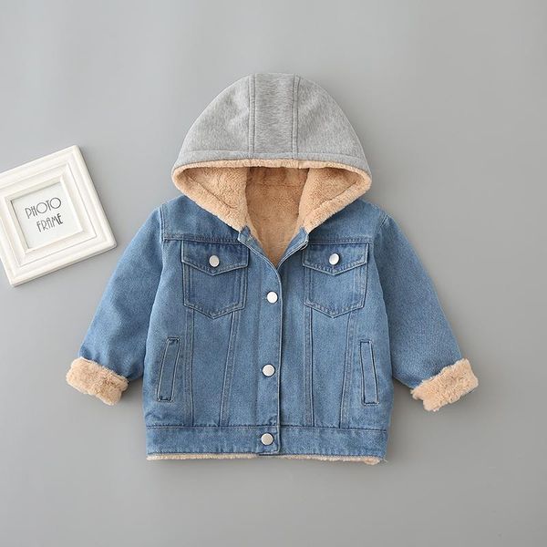 

down coat baby velvet denim jacket autumn winter hooded boys girls jean children casual single breasted thicken warm outerwear, Blue;gray