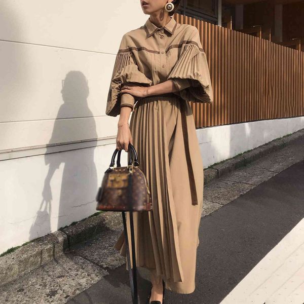 

casual dresses women dress long sleeve korean fashion skirt folds fall maxi retro midi party trendy pleated patchwork 6wug, Black;gray