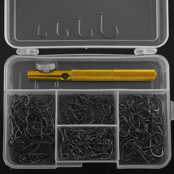 

mnft 350pcs barded carp fishing hooks,high carbon steel black hooks +1pc fishing hook knotting tool tackle box set