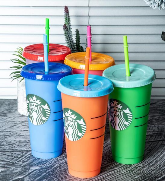 

24oz tumblers plastic drinking juice cup with lip and straw magic coffee mug starbucks plastic transparent colorful cup dhl shipping