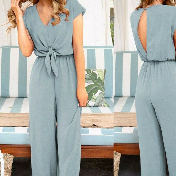 

2021 women ladies clubwear summer short sleeve playsuit long pant bodycon solid backless v neck party jumpsuit romper trousers, Black;white