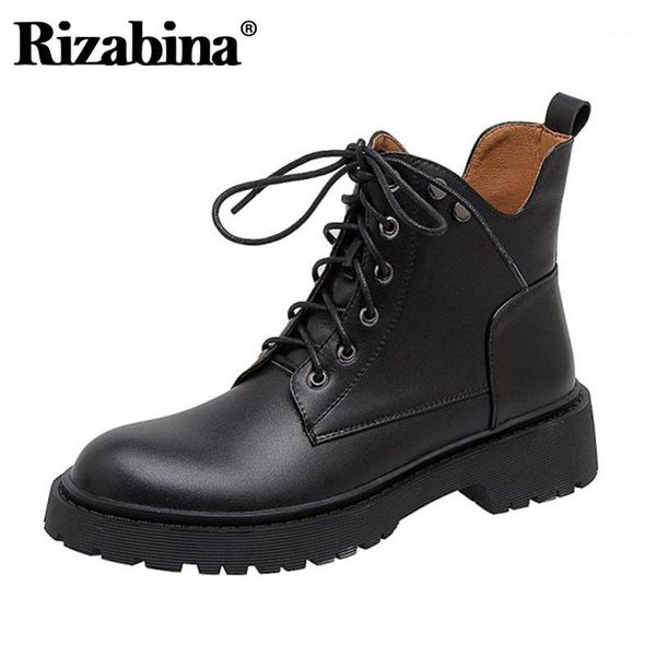 

boots rizabina women ankle genuine leather cross strap warm flats winter shoes woman fashion office lady footwear size 34-391, Black