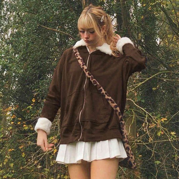 

women's sweaters y2k casacos de pele solta marrom grunge fairycore casaco turn down collar com zÃ­per camisolas femininas outerwear 90s, White;black