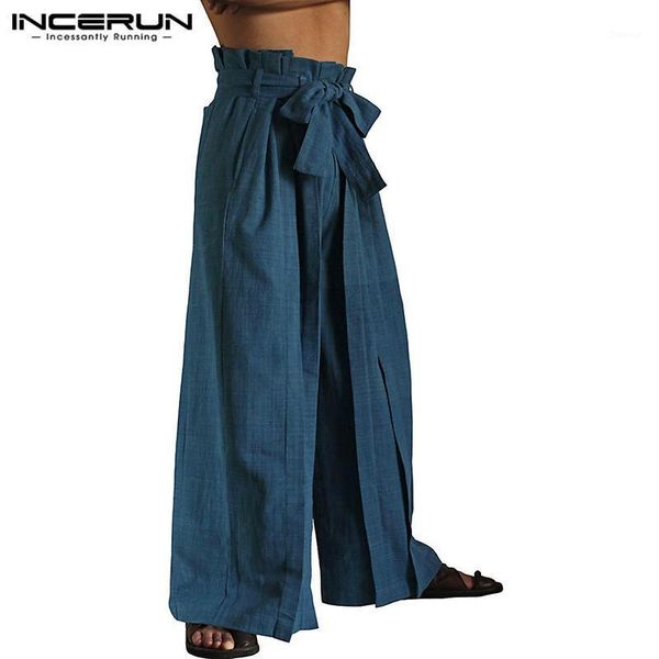 

vintage solid color mens wide leg pants incerun male leisure cotton with belt high waist joggers loose trousers masculina s-5xl men's, Black