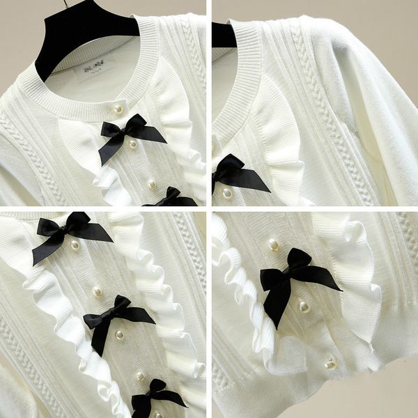 

sweet plied bending ruffles three-dimensional single-breasted bow seam short cardigan mesh sweater for woman white coat 1147, White;black