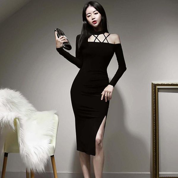 

casual dresses 2021 spring temperament elegant black pencil bodycon dress halter strapless knit split party office lady, Black;gray