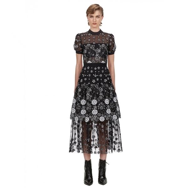 

self portrait vantage dress spring summer design black mesh sequin embroidered midi o-neck short sleeve for women 210603, Black;gray