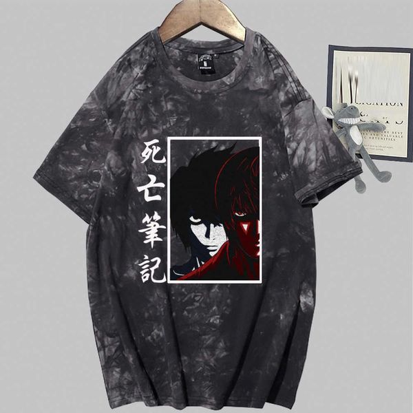 Homem morte nota anime moda manga curta rodada gravata tingido t-shirt y0809