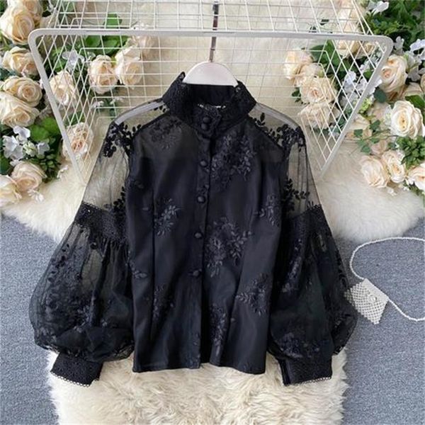 

elegant lace blossom embroidered blouse puff long sleeve sleeves spring sweaters 2021 new female shirt pv2y, Black