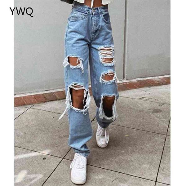 

high waist jeans straight leg design ripped detailing on the front causal vintage denim pants zip fly metal button fastenins 210922, Blue