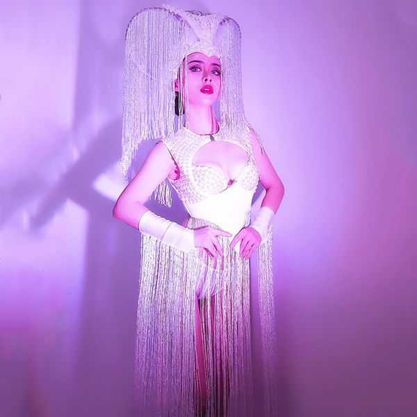 

white fringe bikini gogo dance costume pearl tassel headdress women singer costume nightclub dj wear stage outfit vdb3121, Black;red
