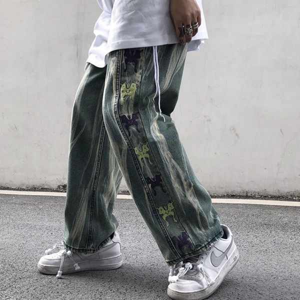 

women's jeans dark streetwear wash spring 2021 high waist trendy straight tube wide leg skeleton denim pants, Blue