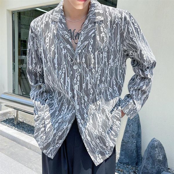 

men's casual shirts lace fabric long sleeve shirt men's korean fashion loose chic style clothes, White;black