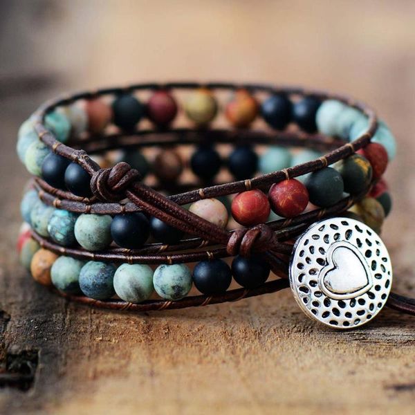 

tennis vintage leather bracelets 6mm matte stone 3 strands wrap woven multilayer boho bracelet handmade jewelry dropship, Golden;silver