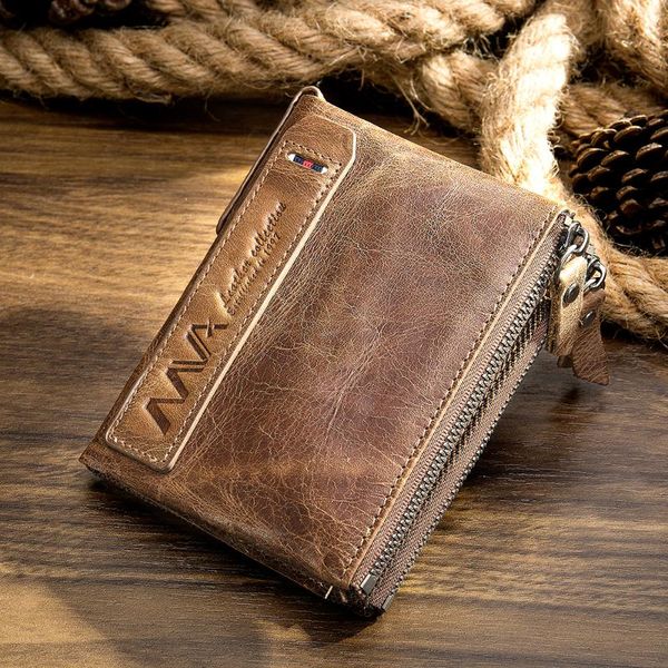 

wallets men wallet genuine leather with coin pocket vintage zipper purse for man crazy horse 9050, Red;black