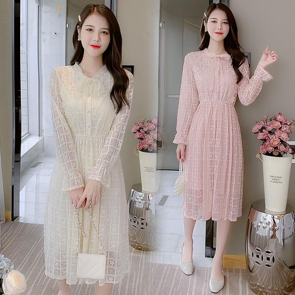 

casual dresses coigarsam women dress autumn 2022 office lady full sleeve solid lace embroidery o-neck high waist belt apricot pink, Black;gray
