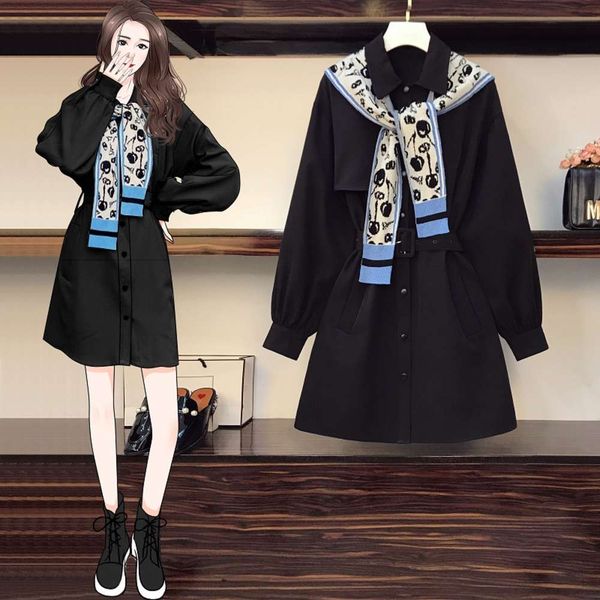 

large size women's dress fat sister 2021 early spring new style foreign style waist closing french age reducing and belly covering shir, Black;gray