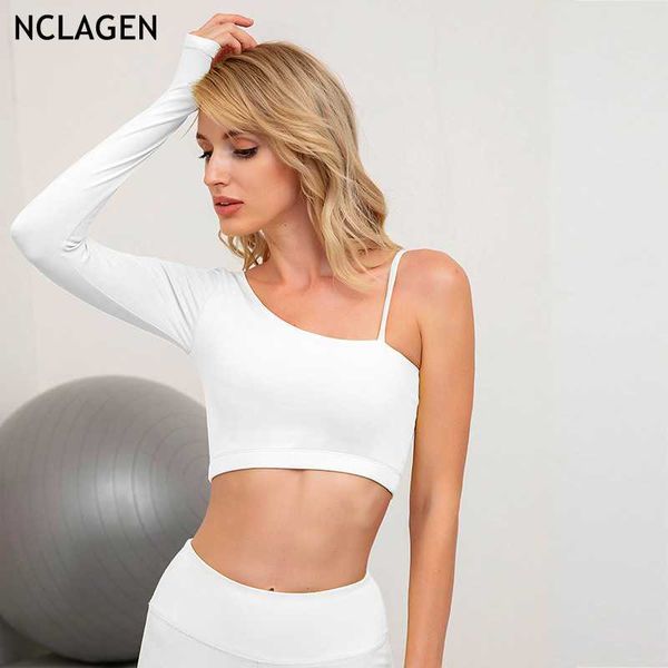 

yoga outfits nclagen sports long sleeve t-shirt with bra pad breathable gym push-up sport workout slim outdoor running one halter top, White;red