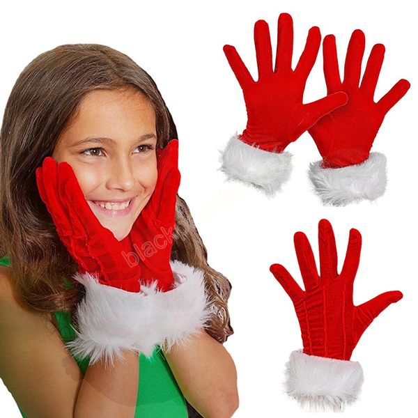 

women red christmas gloves winter thick warm velvet gloves with white furry cuff xmas style fashion full-fingers mittens, Blue;gray