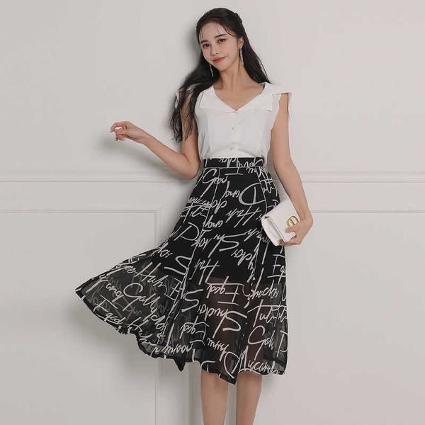 

summer fashion ladies v neck sleeveless casual letter print skirt set two piece outfits 210529, White