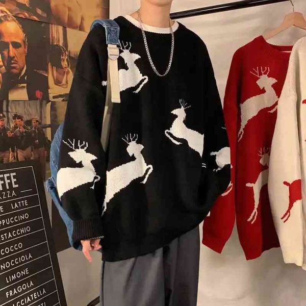 

2021 men's new winter korean version of the trend loose round neck sweater ins student christmas red new year autumn, Black