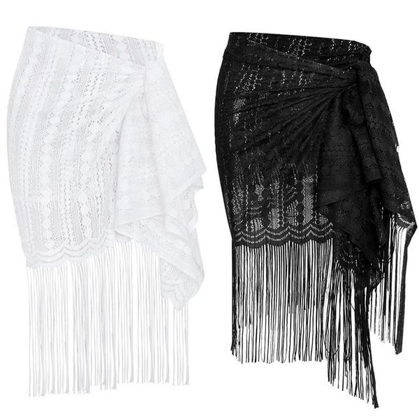 

women's swimwear beach blouse lace fringe veil seaside vacation sunscreen clothes, White;black