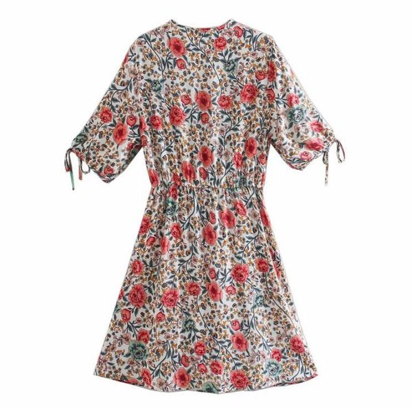 

bohemia contrast color floral print short summer boho dress holiday woman button v neck adjust waist short sleeve dresses beach, Red