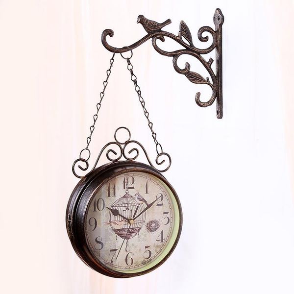 

wall clocks european pastoral vintage double-sided clock wrought iron silent quartz retro home garden decor metal crafts outdoor