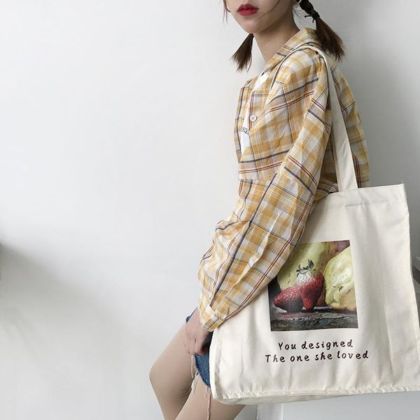 

evening bags women large capacity canvas bag strawberry rose print shoulder cotton fabric shopping books handbag big tote for girls