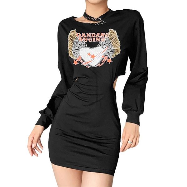 

casual dresses hirigin women 2021 autumn gothic sheath dress printed pins decor hollow-out round-neck long sleeves tight skirts streetwear, Black;gray