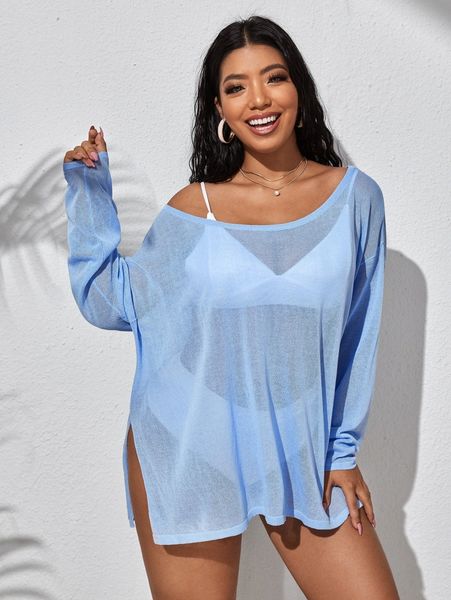 

plus split side drop shoulder sheer sweater w0wz#, Black