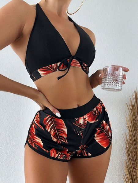 

plant print knot front bikini swimsuit with swim shorts e9is#, White;black