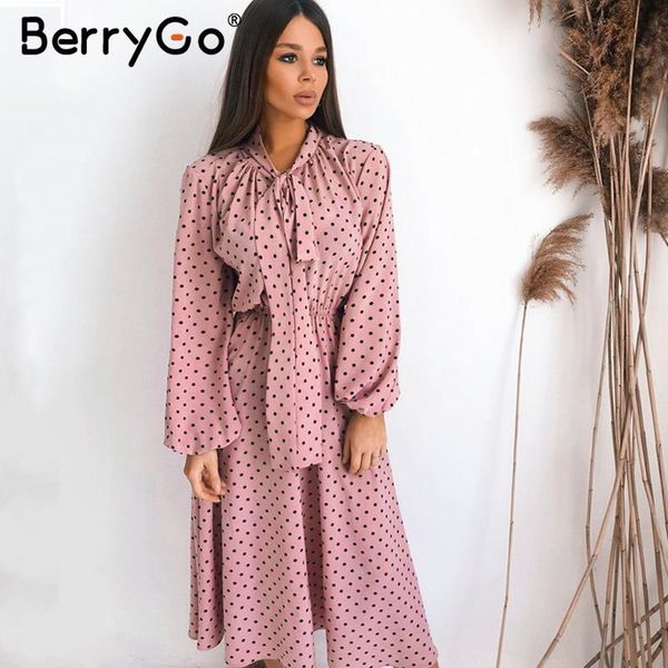 

casual dresses berrygo elegant polka dot maxi dress women loose holiday ladies chic bow party autumn winter lantern sleeve female, Black;gray