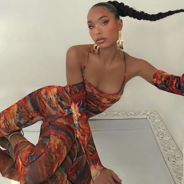 

ins style 2021 spring new women's long sve low cut slim fashion print jumpsuit, White