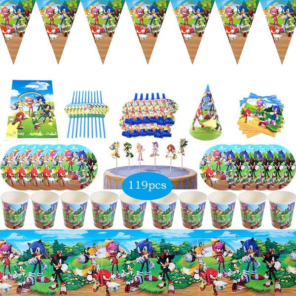 

disposable dinnerware 119pcs sonic theme children birthday party tableware cup plate flag er kids wedding decoration supplies